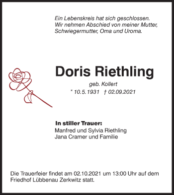 Traueranzeige von Doris Riethling von lausitzer_rundschau