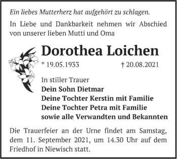 Traueranzeige von Dorothea Loichen von lausitzer_rundschau