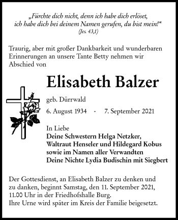 Traueranzeige von Elisabeth Balzer von lausitzer_rundschau