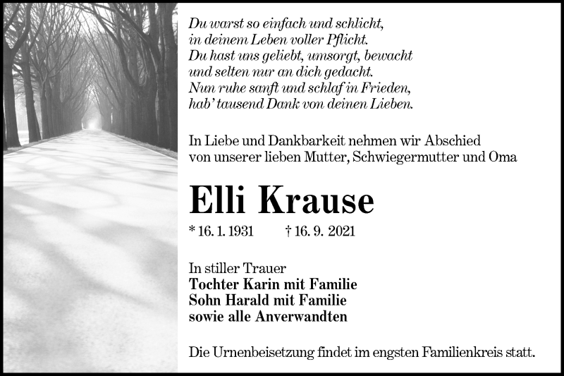  Traueranzeige für Elli Krause vom 25.09.2021 aus lausitzer_rundschau
