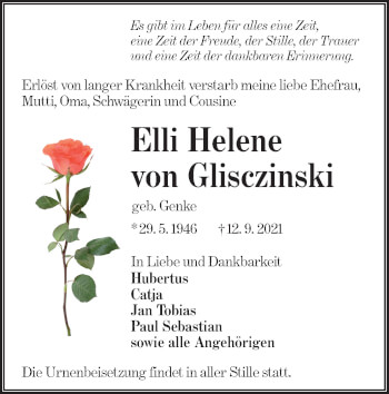 Traueranzeige von Elli Helene von Glisczinski von lausitzer_rundschau