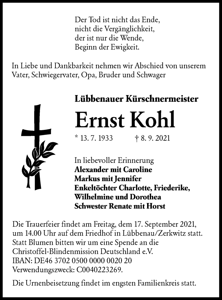  Traueranzeige für Ernst Kohl vom 11.09.2021 aus lausitzer_rundschau