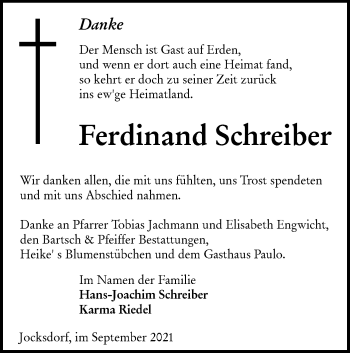 Traueranzeige von Ferdinand Schreiber von lausitzer_rundschau
