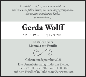 Traueranzeige von Gerda Wolff von lausitzer_rundschau
