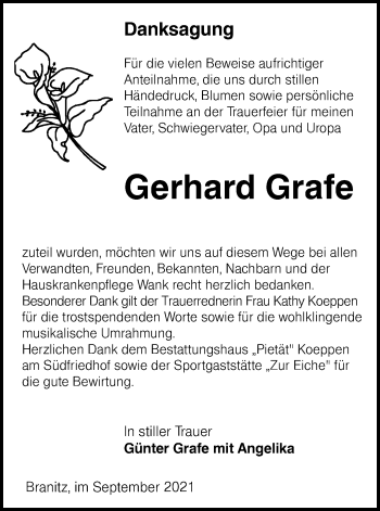 Traueranzeige von Gerhard Grafe von lausitzer_rundschau