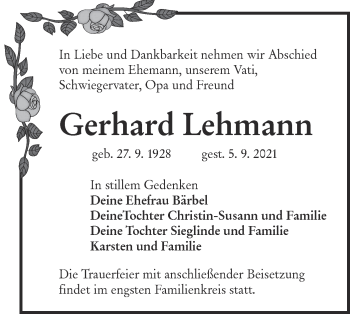 Traueranzeige von Gerhard Lehmann von lausitzer_rundschau