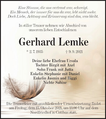 Traueranzeige von Gerhard Lemke von lausitzer_rundschau