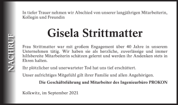 Traueranzeige von Gisela Strittmatter von lausitzer_rundschau