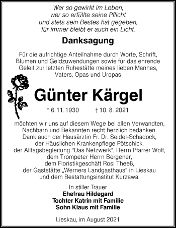Traueranzeige von Günter Kärgel von lausitzer_rundschau