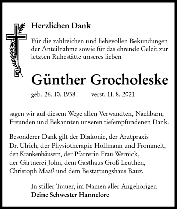 Traueranzeige von Günther Grocholeske von lausitzer_rundschau