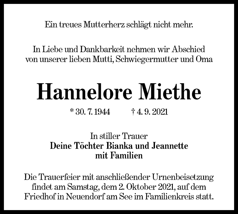  Traueranzeige für Hannelore Miethe vom 25.09.2021 aus lausitzer_rundschau