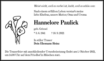 Traueranzeige von Hannelore Paulick von lausitzer_rundschau
