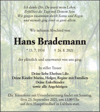 Traueranzeige von Hans Brademann von lausitzer_rundschau