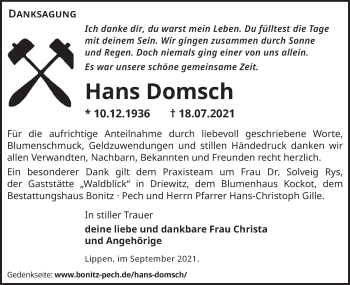Traueranzeige von Hans Domsch von lausitzer_rundschau