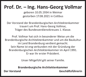 Traueranzeige von Hans-Georg Vollmar von lausitzer_rundschau