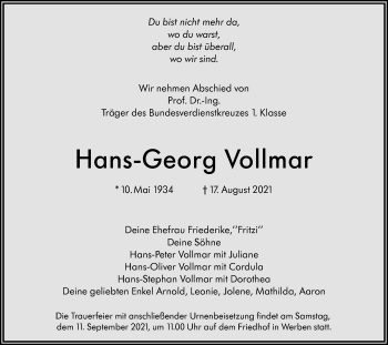 Traueranzeige von Hans-Georg Vollmar von lausitzer_rundschau