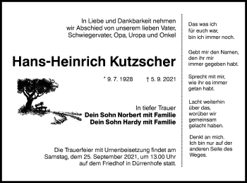 Traueranzeige von Hans-Heinrich Kutzscher von lausitzer_rundschau