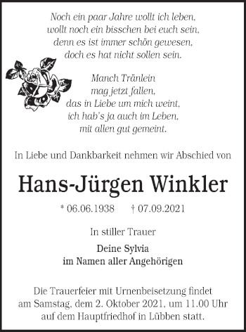 Traueranzeige von Hans-Jürgen Winkler von lausitzer_rundschau