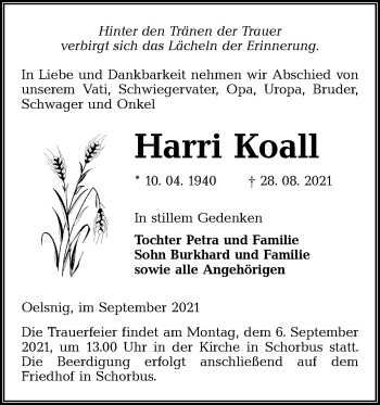 Traueranzeige von Harri Koall von lausitzer_rundschau