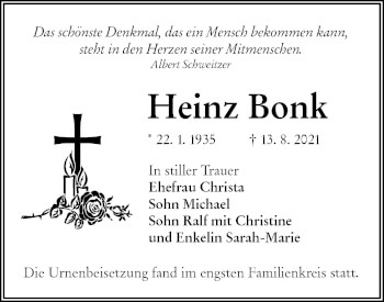 Traueranzeige von Heinz Bonk von lausitzer_rundschau