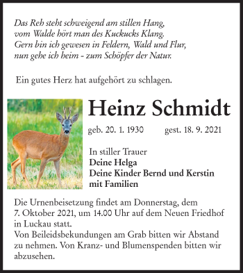 Traueranzeige von Heinz Schmidt von lausitzer_rundschau