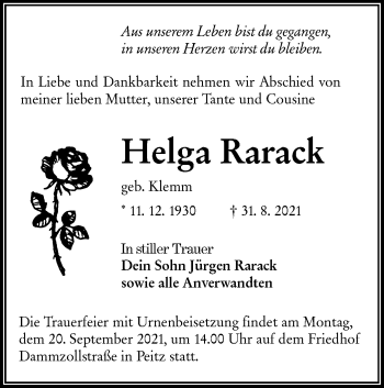 Traueranzeige von Helga Rarack von lausitzer_rundschau