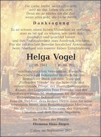 Traueranzeige von Helga Vogel von lausitzer_rundschau