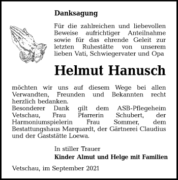 Traueranzeige von Helmut Hanusch von lausitzer_rundschau