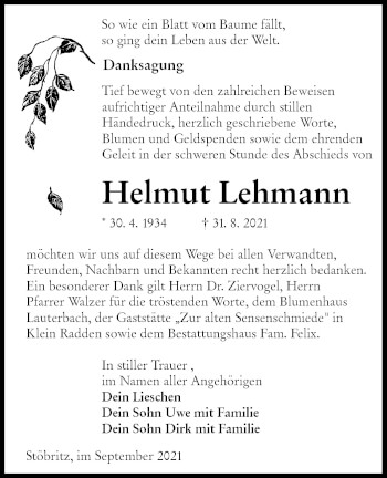 Traueranzeige von Helmut Lehmann von lausitzer_rundschau