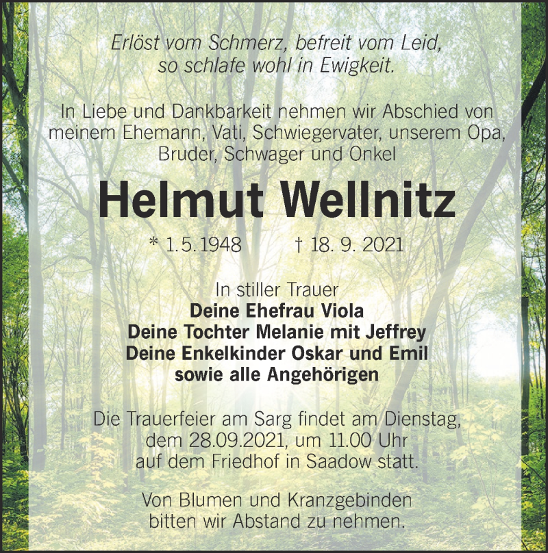  Traueranzeige für Helmut Wellnitz vom 25.09.2021 aus lausitzer_rundschau