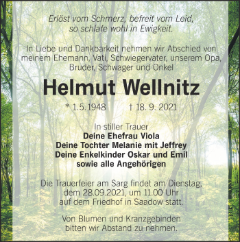Traueranzeige von Helmut Wellnitz von lausitzer_rundschau
