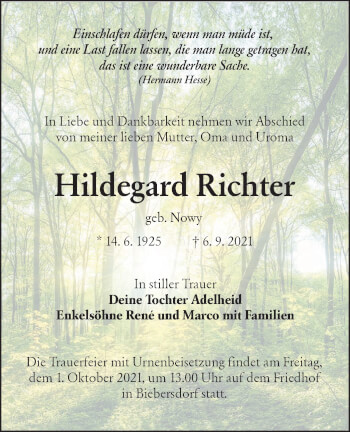 Traueranzeige von Hildegard Richter von lausitzer_rundschau