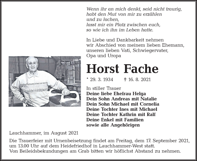  Traueranzeige für Horst Fache vom 04.09.2021 aus lausitzer_rundschau