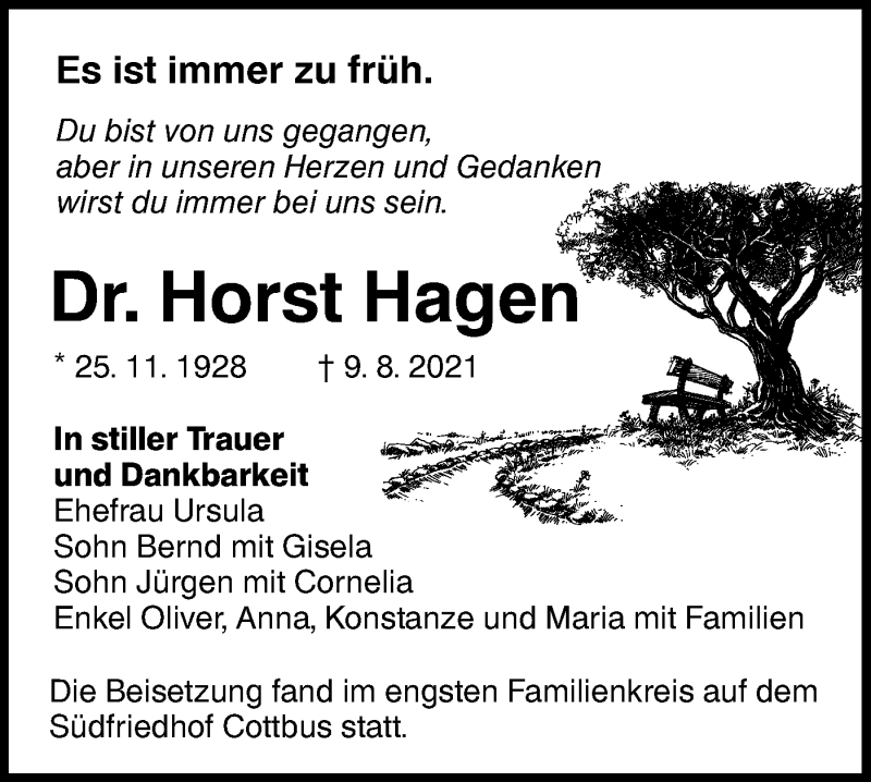  Traueranzeige für Horst Hagen vom 11.09.2021 aus lausitzer_rundschau