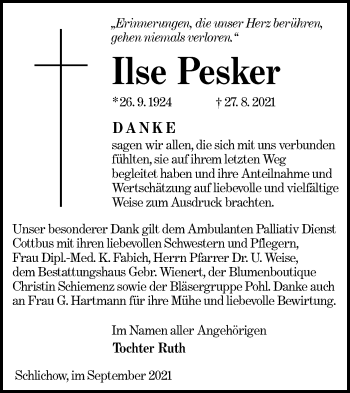 Traueranzeige von Ilse Pesker von lausitzer_rundschau
