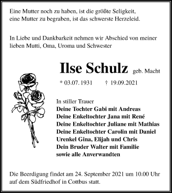 Traueranzeige von Ilse Schulz von lausitzer_rundschau