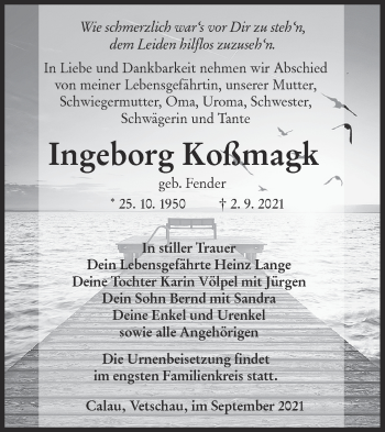Traueranzeige von Ingeborg Koßmagk von lausitzer_rundschau