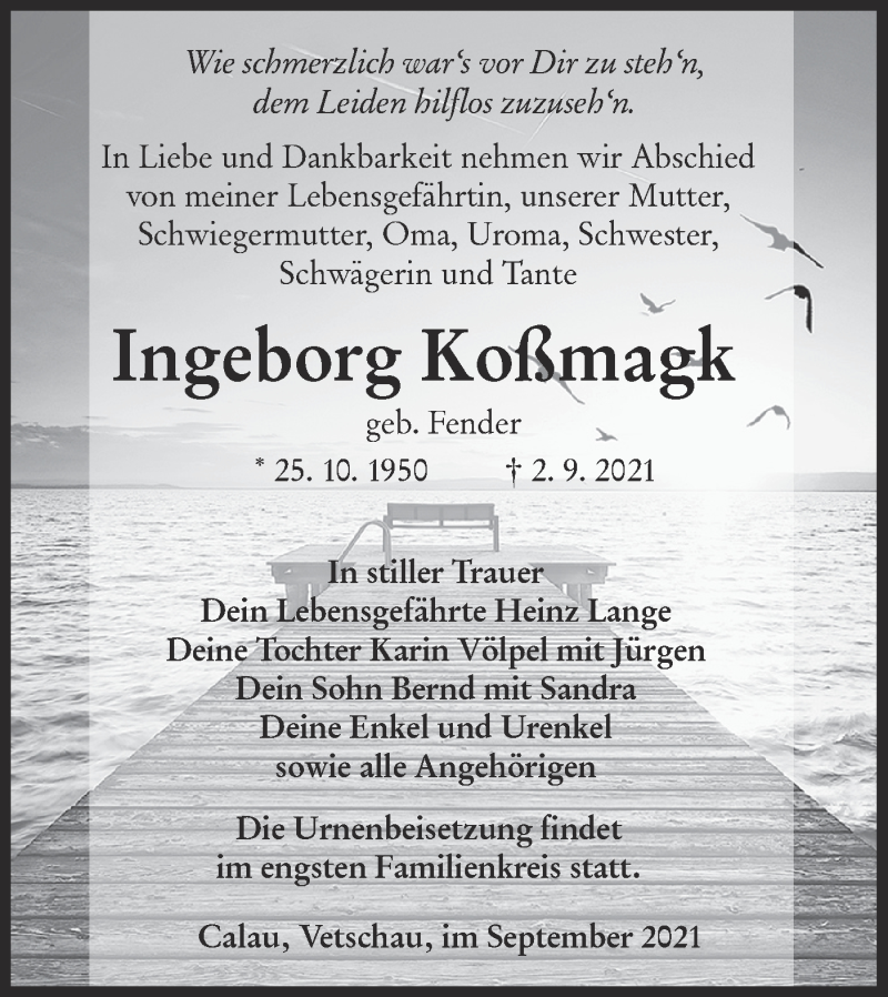  Traueranzeige für Ingeborg Koßmagk vom 11.09.2021 aus lausitzer_rundschau