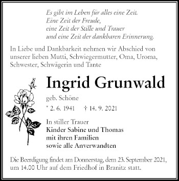 Traueranzeige von Ingrid Grunwald von lausitzer_rundschau