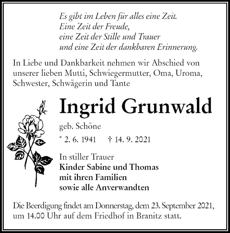  Traueranzeige für Ingrid Grunwald vom 20.09.2021 aus lausitzer_rundschau
