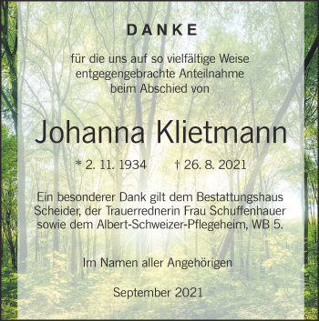 Traueranzeige von Johanna Klietmann von lausitzer_rundschau