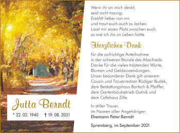 Traueranzeige von Jutta Berndt von lausitzer_rundschau