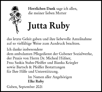 Traueranzeige von Jutta Ruby von lausitzer_rundschau