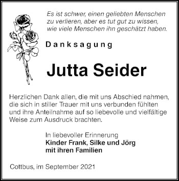Traueranzeige von Jutta Seider von lausitzer_rundschau
