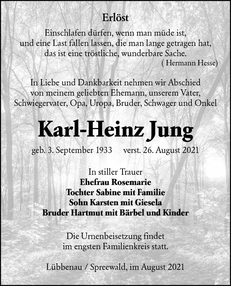  Traueranzeige für Karl-Heinz Jung vom 04.09.2021 aus lausitzer_rundschau