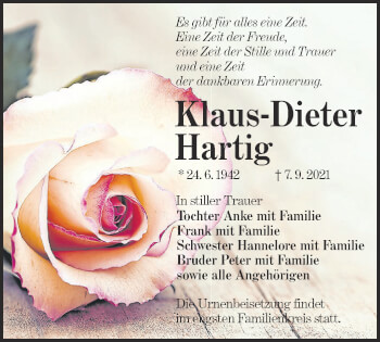Traueranzeige von Klaus-Dieter Hartig von lausitzer_rundschau