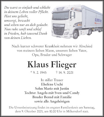 Traueranzeige von Klaus Flieger von lausitzer_rundschau