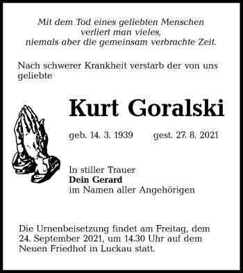 Traueranzeige von Kurt Goralski von lausitzer_rundschau