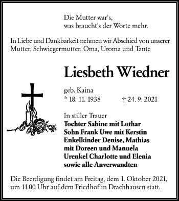 Traueranzeige von Liesbeth Wiedner von lausitzer_rundschau