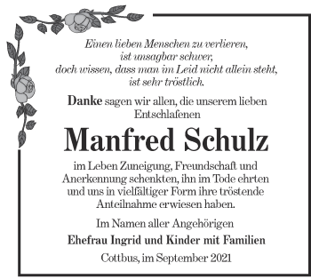 Traueranzeige von Manfred Schulz von lausitzer_rundschau